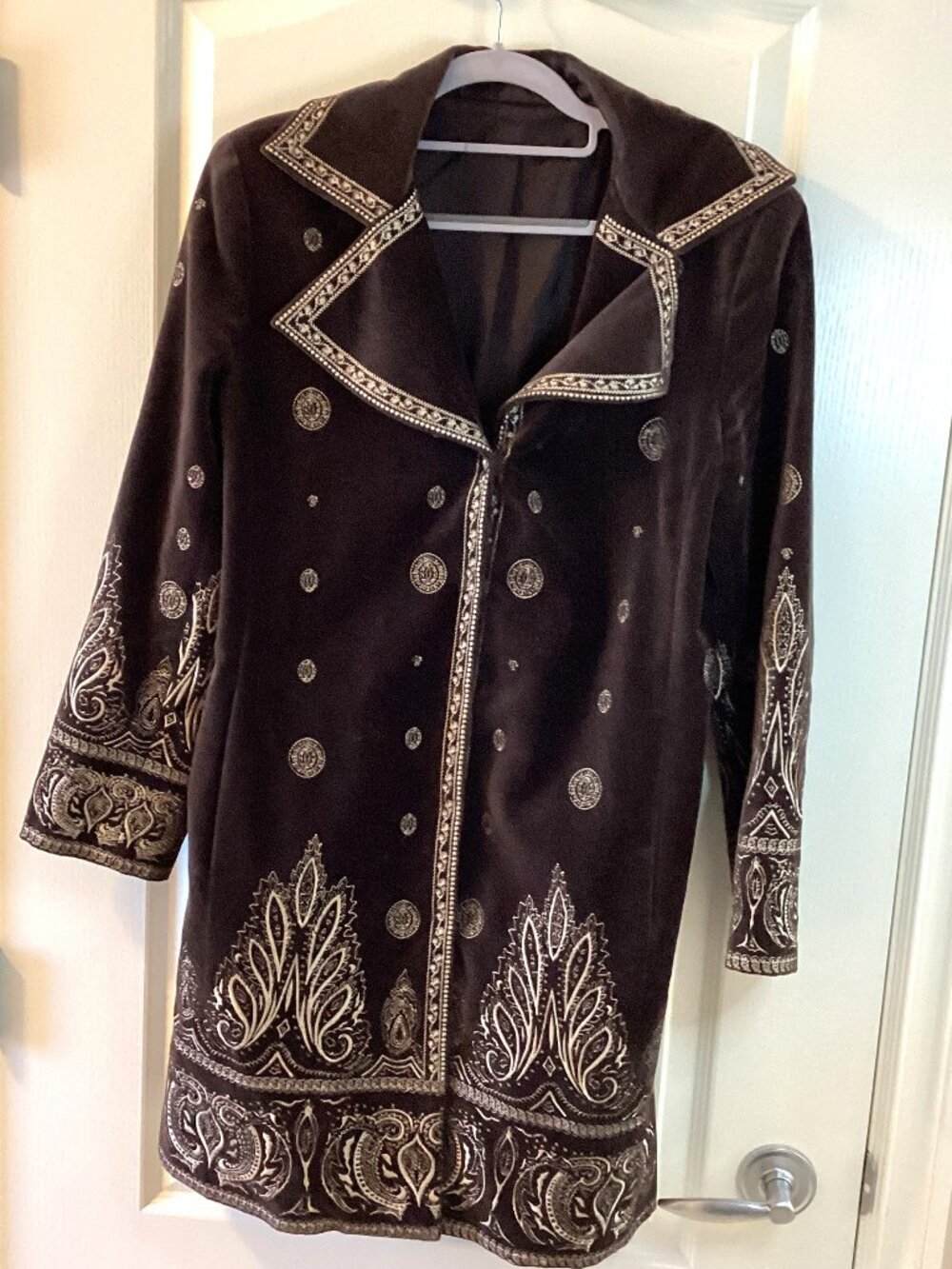 Nygard Collection Woman's Long Boho Embroidered Velvet Coat Chocolate Brown - Picture 2 of 9